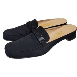 Salvatore Ferragamo Black Satin Leather Square Toe Slip On Mules Women Size 10.5